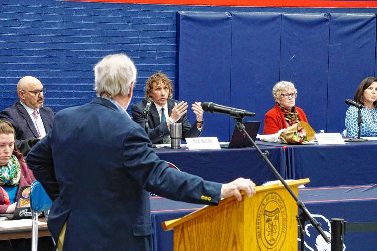 Superintendent Randy Wormald responds to a question about the district’s new tuition agreement with Andover, approved at last year’s annual meeting and going into effect this summer. 