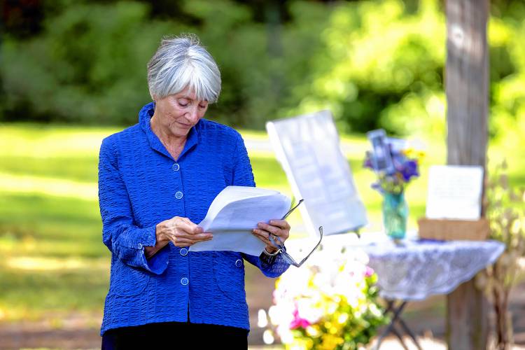 ABOVE: Janet Prescott, Barbara Filion’s best friend of four decades, speaks at her memorial service at the Newcastle Commons on June 8.