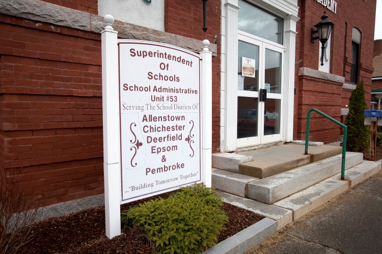 A sign marks the New Hampshire School Administrative Unit #53 offices in Pembroke on April, 2, 2016. (ELIZABETH FRANTZ / Monitor staff) A sign marks the New Hampshire School Administrative Unit #53 offices in Pembroke on April, 2, 2016. (ELIZABETH FRANTZ / Monitor staff)