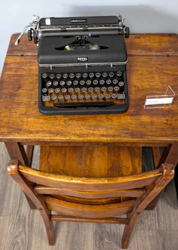An old Royal manual typewriter sits on a desk at the New England Typewriter store in Merrimack.