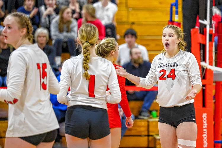Coe-Brown senior Annie Jerome (24) reacts to a call during Saturday’s Division II volleyball championship against Oyster River.