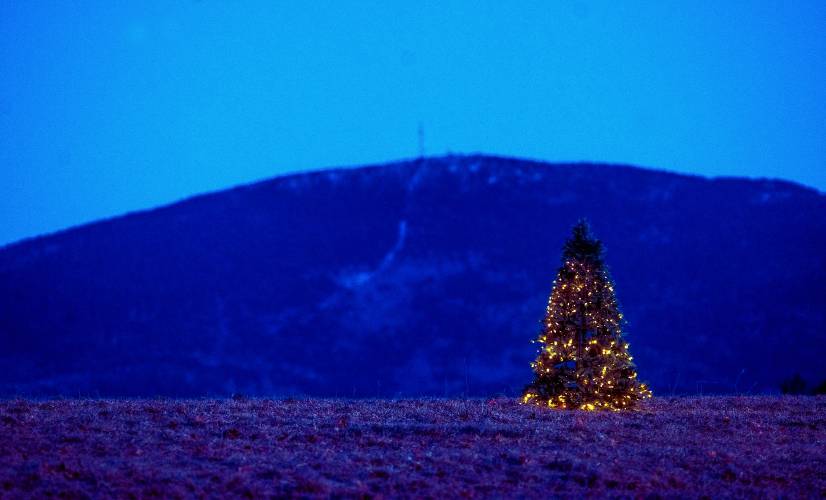 The Christmas tree on top of the hill in New London that David Cleveland has been lighting since 1987. Mount Kearsarge can be seen in the backround.