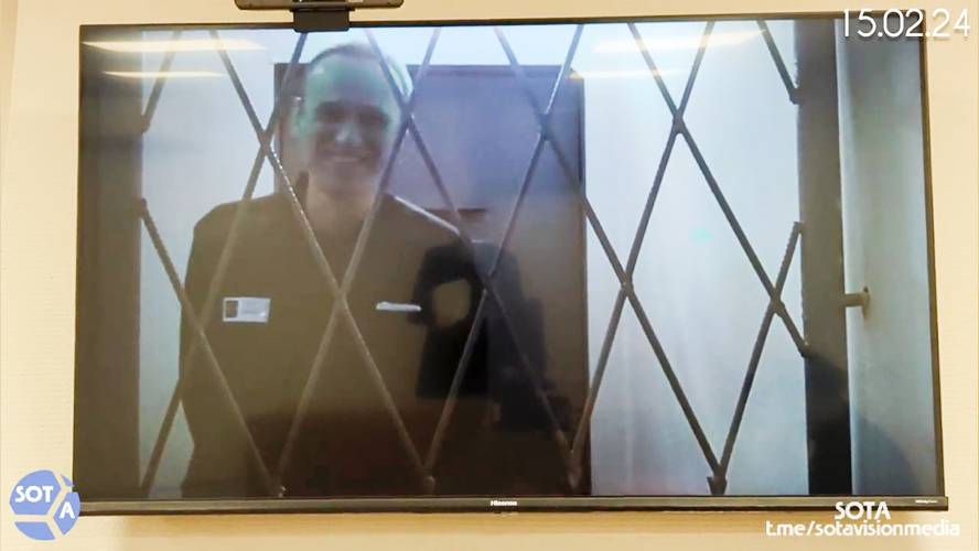 This photo taken from video released by Russian Federal Penitentiary Service via SOTAVISION shows Russian opposition leader Alexei Navalny appears via a video link from the Arctic penal colony in Kharp, in the Yamalo-Nenetsk region about 1,900 kilometers (1,200 miles) northeast of Moscow, where he is serving a 19-year sentence, in Kovrov, Russia, on Feb. 15, 2024. Shortly after Navalny's death was reported on Friday Feb. 16, 2024, the Russian SOTA social media channel shared images...