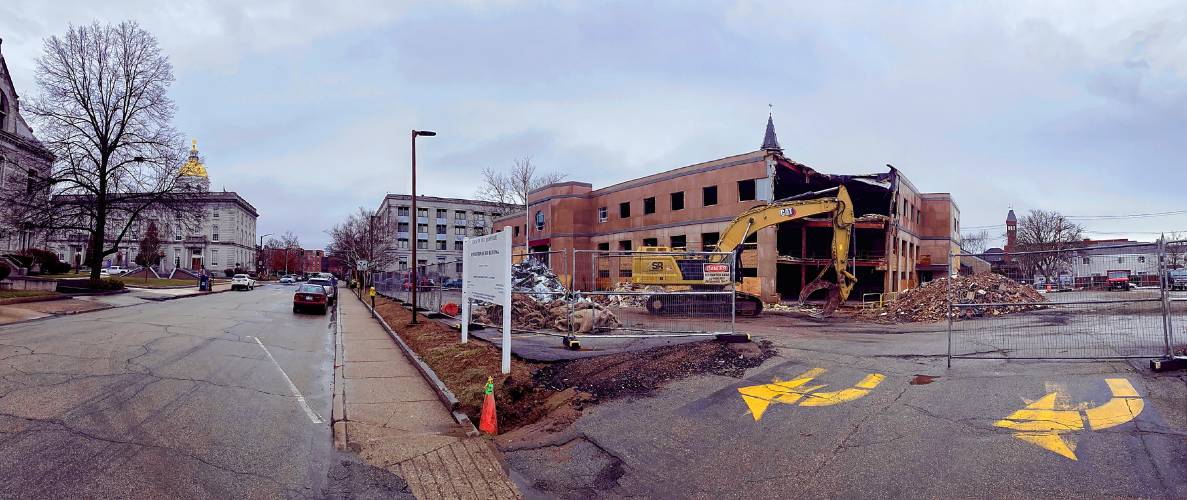 The demolition of the former Department of Justice building off of Capitol Steet is coming along on Thursday, March 28, 2024. The area will become a parking garage for the State House once it is completed.