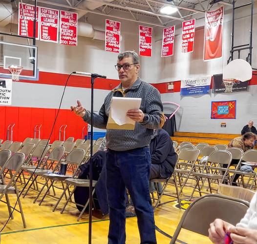 Epsom resident Keith Cota spoke frequently at Saturday's town deliberative session to question spending and rising taxes but thanked town officials for trying to be frugal. 