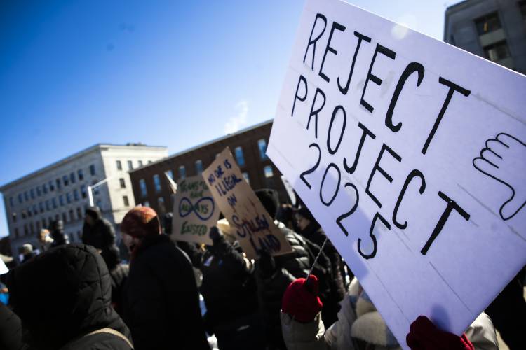 Hundreds of people rallied in front of the State House on Wednesday, February 5, 2025 as part of the national movement to protest the Project 2025.
