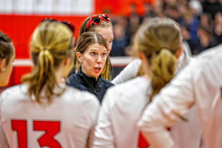 Bears’ head coach Renee Zobel talks with her team during a timeout in Saturday’s Division II championship game against Oyster River.