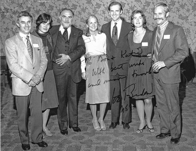 Columnist Katy Burns (second from left) and her husband, Don (far right), pose with then-Sen. Joe Biden (third from right) and his wife, Jill (center), in 1977.