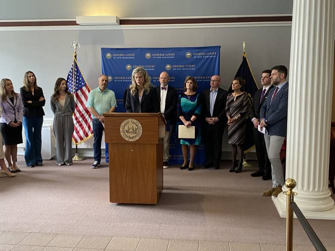 Andrea Hecchavaria, president and CEO of industry group N.H. Life Sciences, was one of several business speakers lamenting proposed cuts to the state university system during a press conference called by the Business-Industry Association. April 22, 2025