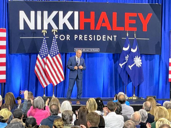 Don Bolduc, a former Senate candidate and now a Pittsfield, NH, police officer, campaigns for Nikki Haley at a Greer, South Carolina rally
