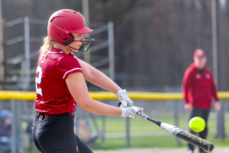 Concord’s Tess Bolduc belts a home run during a game at Memorial Field on Friday. Bolduc’s home run was the first one hit at Memorial Field this season. 