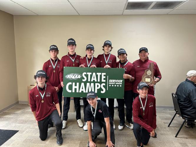 The Concord High School golf team poses with the championship plaque after winning the 2023 NHIAA Division I team title at Canterbury Woods Country Club on Tuesday, Oct. 10.