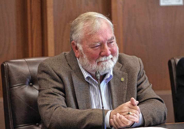Former Speaker Steve Shurtleff gets emotional as his colleagues on the State-Federal Relations and Veterans Affairs in the House honored his service on Thursday, October 17, 2024. Shurtleff is running unopposed for the County Commission, but is leaving the New Hampshire House.