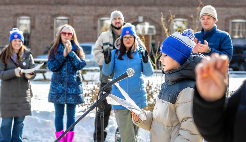 Kearsarge student Hunter Gebo addresses the crowd at the State House gathered on Tuesday to advocate against state cuts to special education funding. Gebo talked about growing up with special education, from speech therapy to sign language to help from paraprofessionals.
