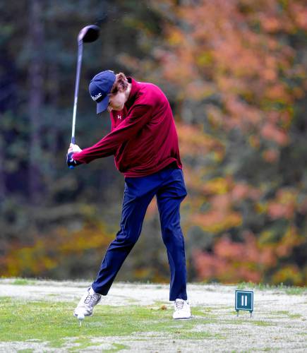 Gavin Richardson hits his drive at the fifth hole at Canterbury Woods Golf Club at last year’s Division I golf championship on Oct. 10, 2023. Richardson went on to win the D-I individual state title and led the Tide to the team title. Richardson graduated in the spring, so Concord will rely on other players in 2024.