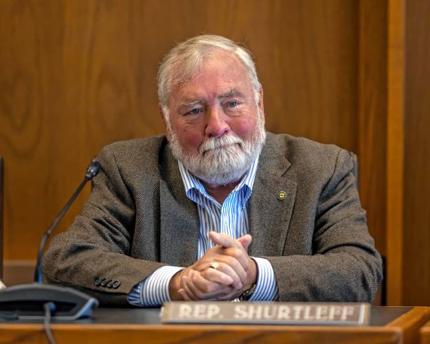  Former Speaker Steve Shurtleff gets emotional as his colleagues on the State-Federal Relations and Veterans Affairs in the House honored his service on Thursday, October 17, 2024. Shurtleff is running unopposed for the County Commission, but is leaving the New Hampshire House.