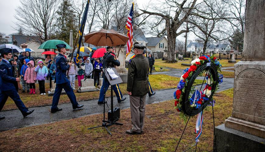 The color guard passes  at the gravesite of President Franklin Pierce at the Old North Cemetery in Concord on Tuesday.