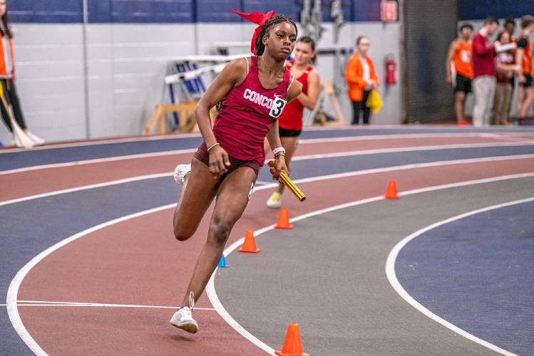 Concord's Grace Saysaw runs the anchor leg of the 4x160-meter relay during a meet at UNH on Sunday, Jan. 5, 2025. Saysaw won the 55-meter dash and helped Concord win the relay to lead the Tide to third place overall.
