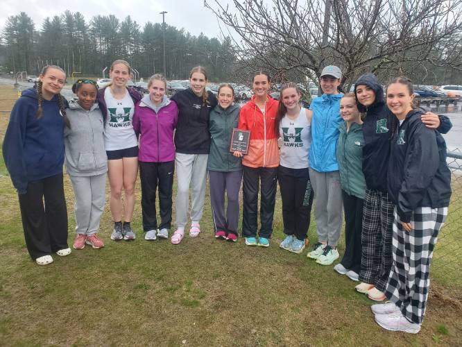 The Hopkinton girls' track team poses with the championship plaque after winning the inaugural Campbell Cougar Invitational on Saturday, April 26, 2025. The Hopkinton girls' track team poses with the championship plaque after winning the inaugural Campbell Cougar Invitational on Saturday, April 26, 2025.