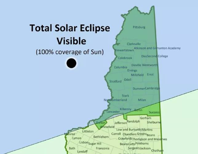 Almost all of Coos County will fall within the path of the total eclipse on April 8, 2024. Almost all of Coos County will fall within the path of the total eclipse on April 8, 2024.