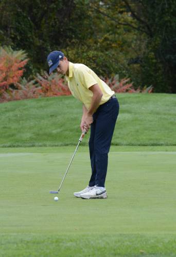 Bow’s Jacob Gancarz putts on the ninth hole at Breakfast Hill Golf Club on Oct. 10, 2023 at the NHIAA Division II golf championship. Gancarz had an impressive freshman season, helping Bow finish sixth as a team. 
