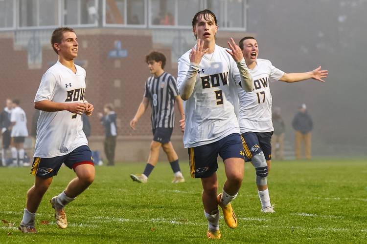 Bow senior striker Luke Hartshorn (9) was an All-State forward last year and showed his experience with a hat-trick in Wednesday’s 4-2 playoff victory at Merrimack Valley.