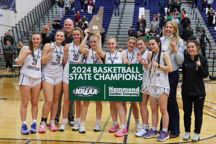 Concord Christian celebrates winning the 2024 Division II girls’ basketball championship at the University of New Hampshire on March 10. After winning the D-IV title in 2022, D-III in 2023 and D-II in 2024, the Kingsmen are now seeking a title in D-I.