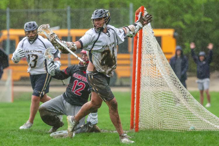 Bow’s Keenan Hubbard (24) celebrates a goal during a game on Friday. Campbell handed Bow its first loss of the season. Bow’s Keenan Hubbard (24) celebrates a goal during a game on Friday. Campbell handed Bow its first loss of the season.