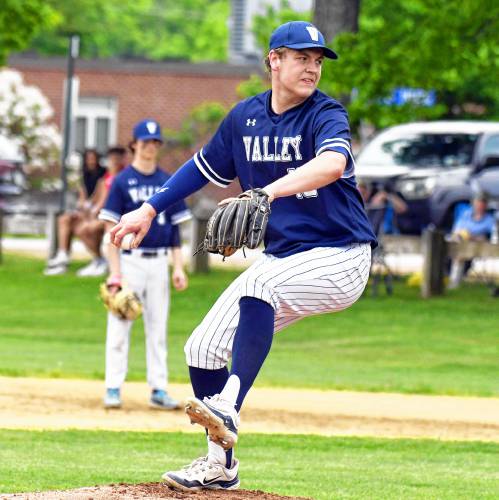 Merrimack Valley’s Landon Abbott delivers a pitch in a game against ConVal in Penacook on Tuesday. Abbott earned the win on the mound and MV defeated ConVal, 4-2.