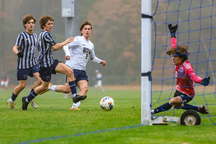 Bow’s Luke Hartshorn (9) opened the scoring with a well-placed strike into the bottom right corner of the net in Bow’s 4-2 win over Merrimack Valley in the D-II preliminary round.