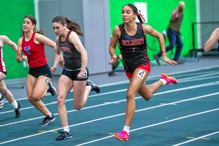 Belmont’s Ava Lacasse (4) races in the finals of the 55-meter dash at the NHIAA Division II indoor track and field championship on Saturday at Plymouth State University. Lacasse won the 55 state title, anchored the title-winning 4x200 and also anchored the runner-up 4x400 to lead Belmont to third place as a team.