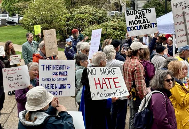 A crowd gathered outside the State House ahead of a public hearing on the state budget in Concord, N.H., on , May 6, 2025. (NHPR - Annmarie Timmins)