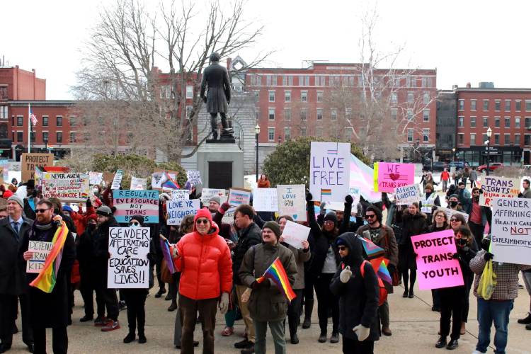 Large crowds showed up at the New Hampshire State House on March 7, 2023, to push back on a slate of Republican-sponsored bills that would curtail the rights of LGBTQ+ youth.