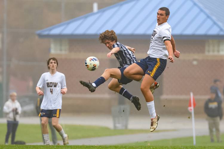 Bow senior midfielder Keenan Hubbard (right) battles with MV junior midfielder Cameron Lounsbury (left) in Wednesday’s Division II boys’ soccer preliminary round match in Penacook.