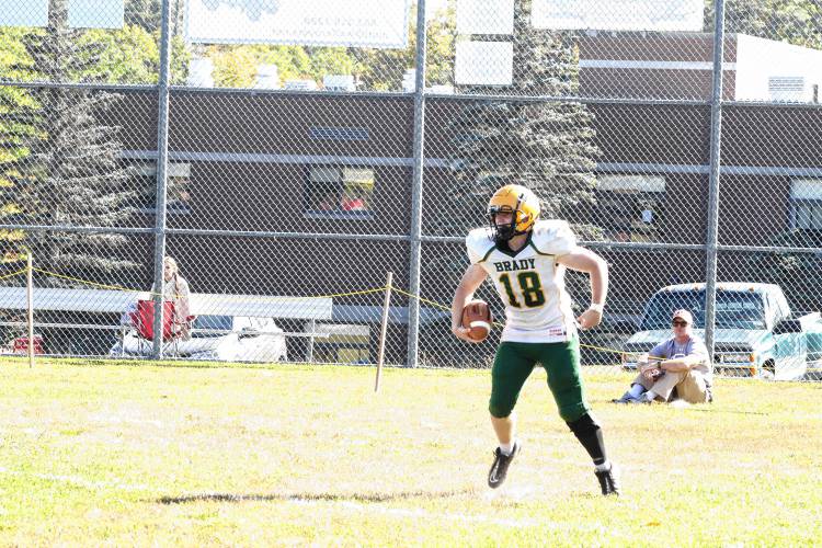 Bishop Brady's Hayden LaFleur (18) celebrates a touchdown catch on the opening drive of the second half in Hillsboro-Deering's first homecoming football game on its campus on Saturday, Oct. 5, 2024. Bishop Brady defeated H-D, 56-46.