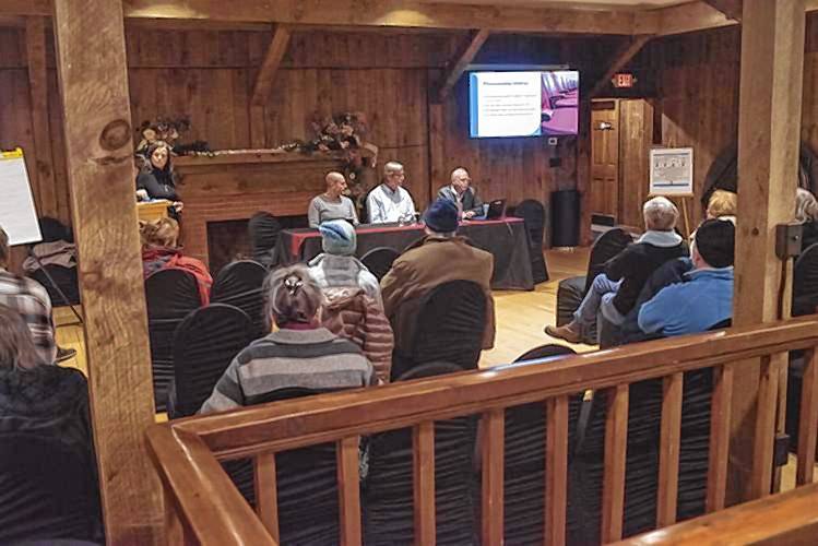 From left, Nick Bloom, John McArthur and Dan Darling speak about future programming at the Franklin Opera House during a community forum at Mojalaki Country Club in Franklin on Tuesday night. From left, Nick Bloom, John McArthur and Dan Darling speak about future programming at the Franklin Opera House during a community forum at Mojalaki Country Club in Franklin on Tuesday night.