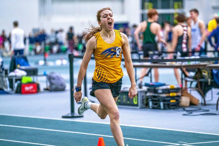 Bow’s Hannah Pawlowski reacts after a commanding victory in the 600 meters at the NHIAA Division II indoor track and field championship on Saturday at Plymouth State University to win the state title. Pawlowski won the race by nearly four seconds.