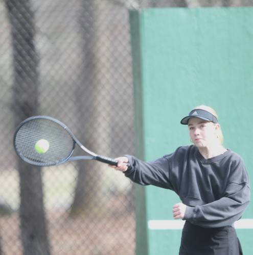 Pembroke sophomore Rileyanne Caron returns a shot during a Thursday afternoon match against Coe-Brown. Caron won her singles match and an exhilarating doubles matchup alongside sophomore Jillian French.